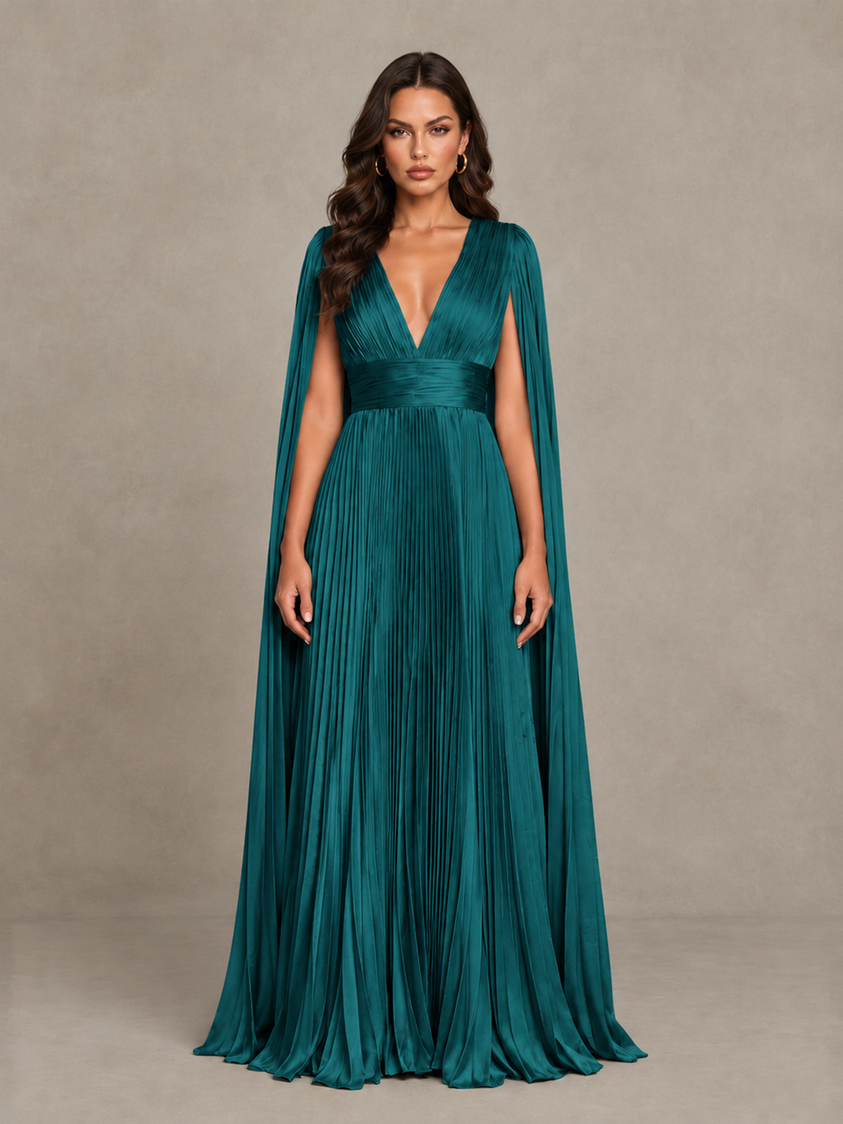 BOLODOO Teal Deep V-Neck Pleated Cape Sleeve Evening Gown - Teal - Teal_1