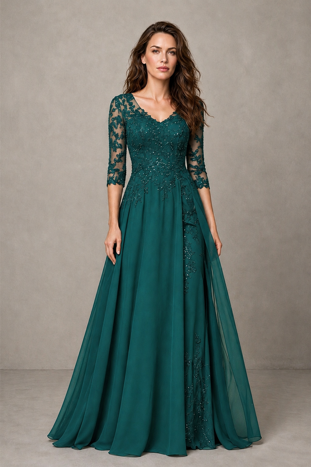 BOLODOO Midnight Teal Beaded Lace Appliqué Chiffon A-Line Gown | Mother of the Bride & Formal Evening Dress - Teal - Teal_1