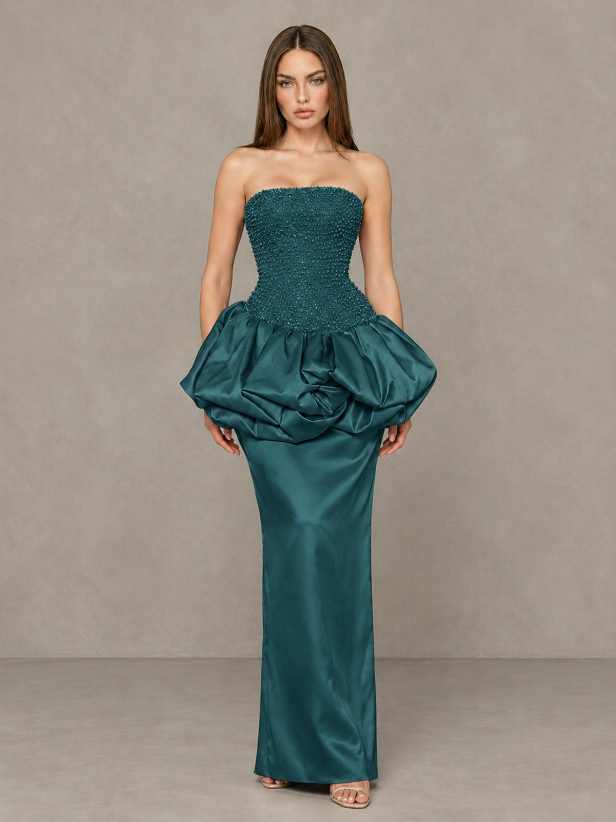 BOLODOO Teal Strapless Embellished Bubble Peplum Evening Dress - Teal - Teal_1