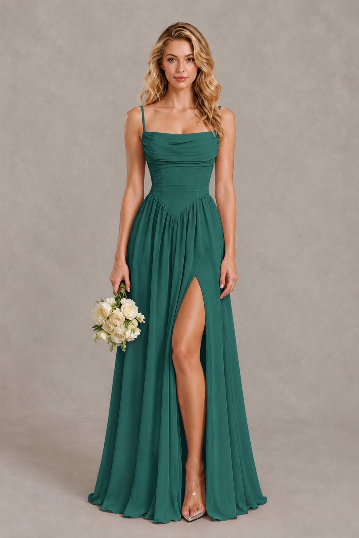 BOLODOO Teal Spaghetti Strap A-Line Bridesmaid Dress with Slit - Teal - Teal_1