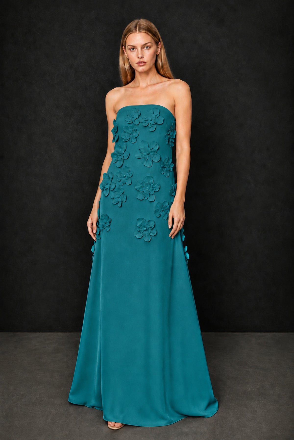 BOLODOO Teal Strapless 3D Floral Appliqué Crepe Maxi Gown - Teal