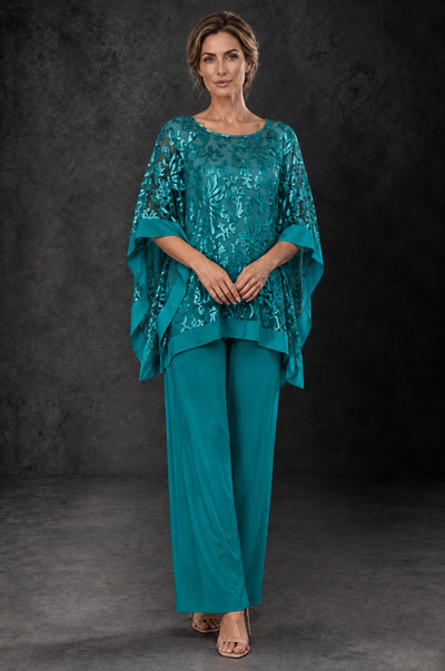 BOLODOO Teal Floral Cape Mother of the Bride Pant Suit - Teal - Teal_1