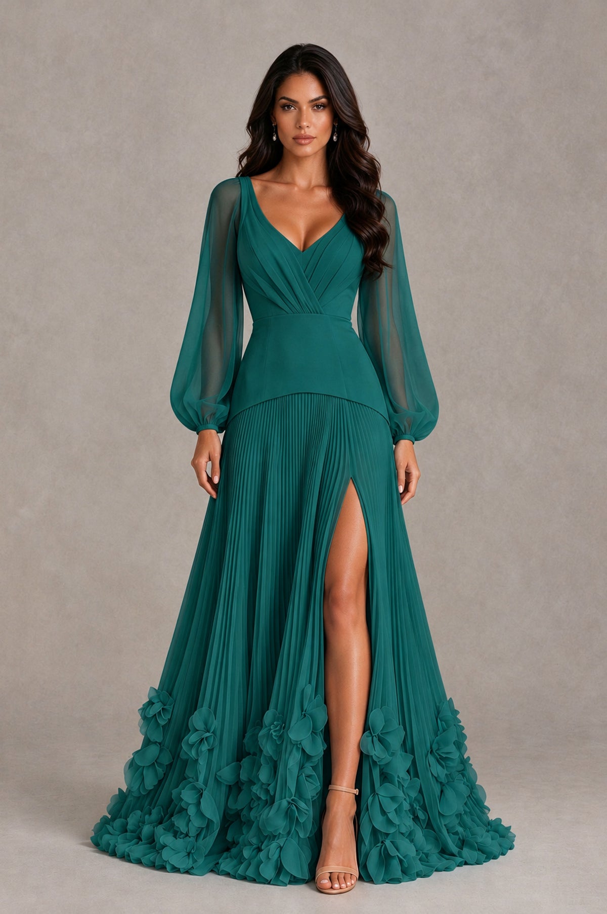 BOLODOO Teal V-Neck Long Sleeve Pleated Floral Hem Evening Dress - Teal - Teal_1