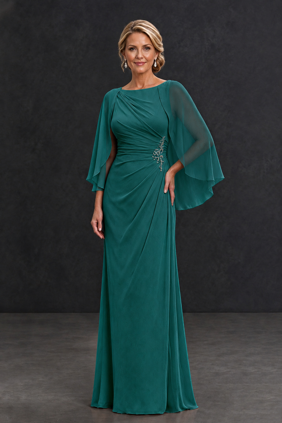 BOLODOO Teal Cape Sleeve Mother of the Bride Dress with Ruched Waist - Teal - Teal_1