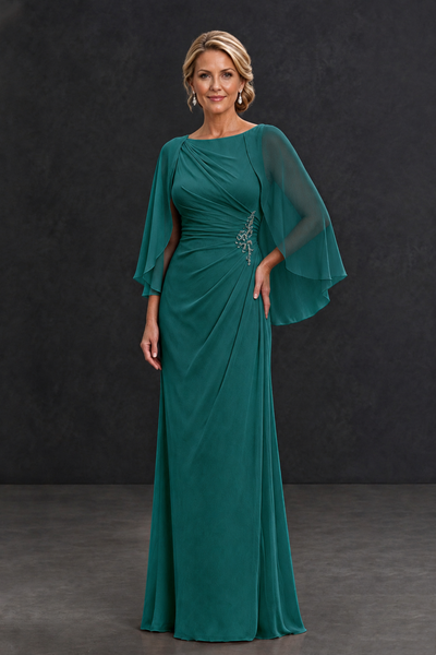 BOLODOO Teal Cape Sleeve Mother of the Bride Dress with Ruched Waist - Teal - Teal_1