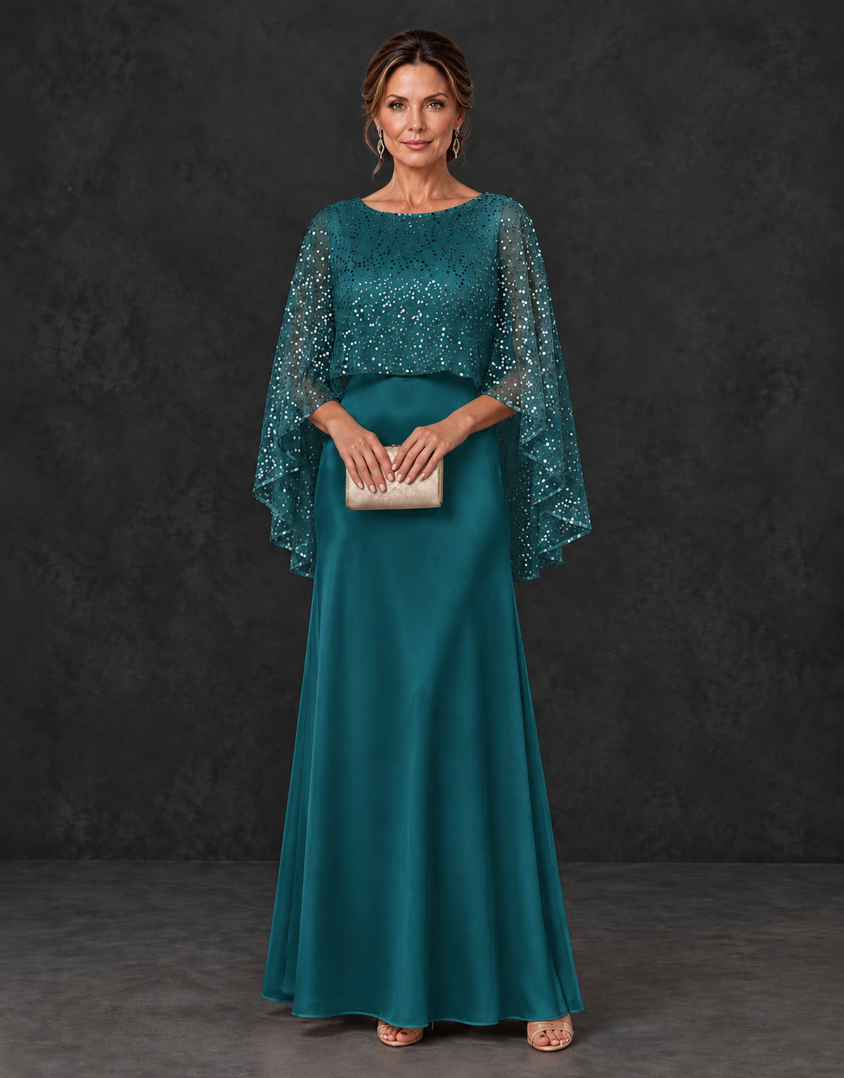 BOLODOO Teal Sparkle Cape Sleeve Mother of the Bride Dress - Teal - Teal_1