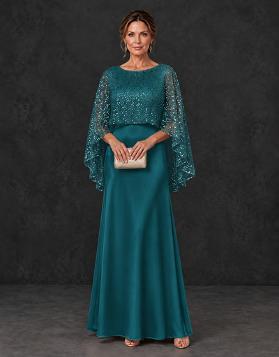 BOLODOO Teal Sparkle Cape Sleeve Mother of the Bride Dress - Teal - Teal_1