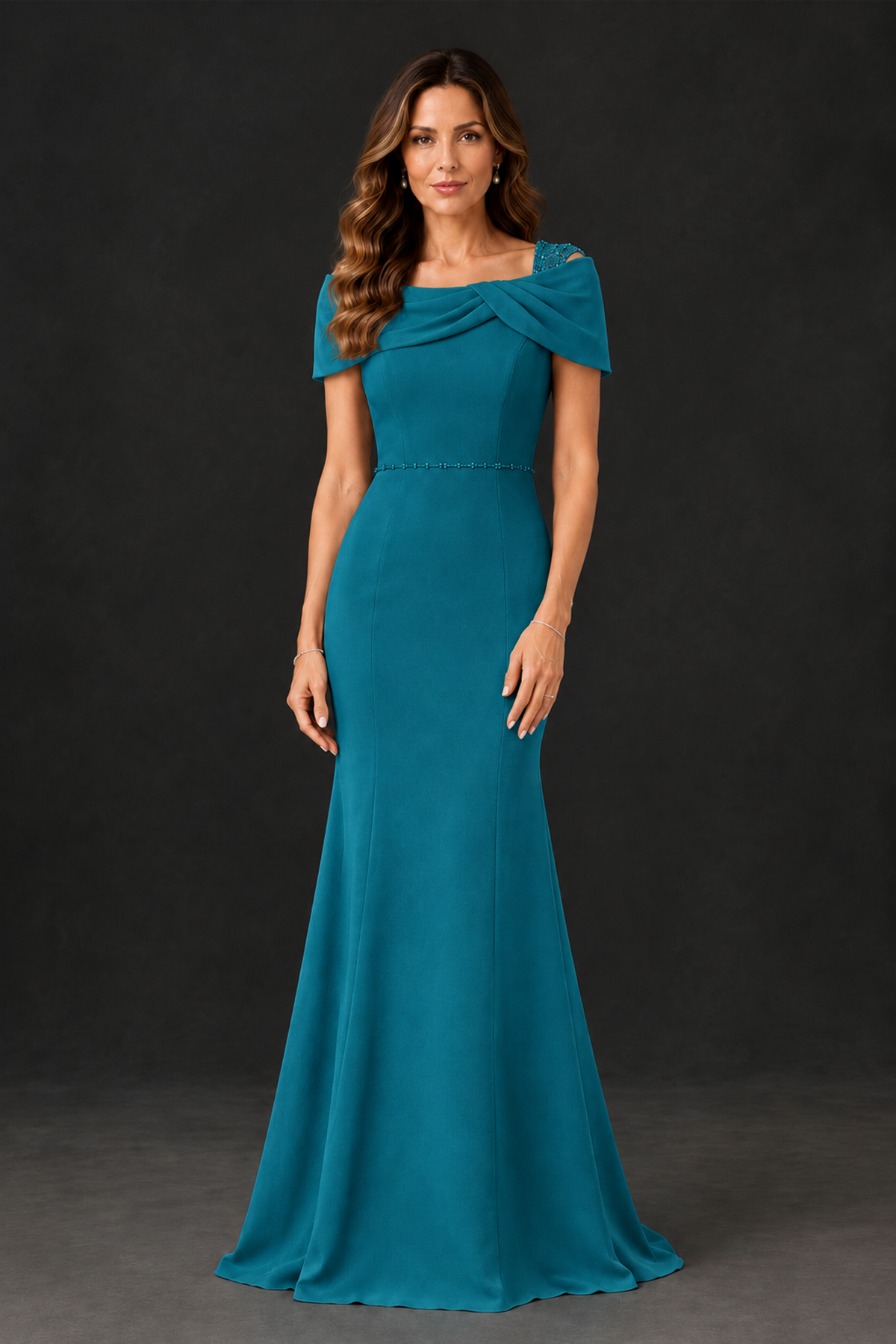 BOLODOO Teal Mother of the Bride Dress with Draped Cape Detail - Teal - Teal_1