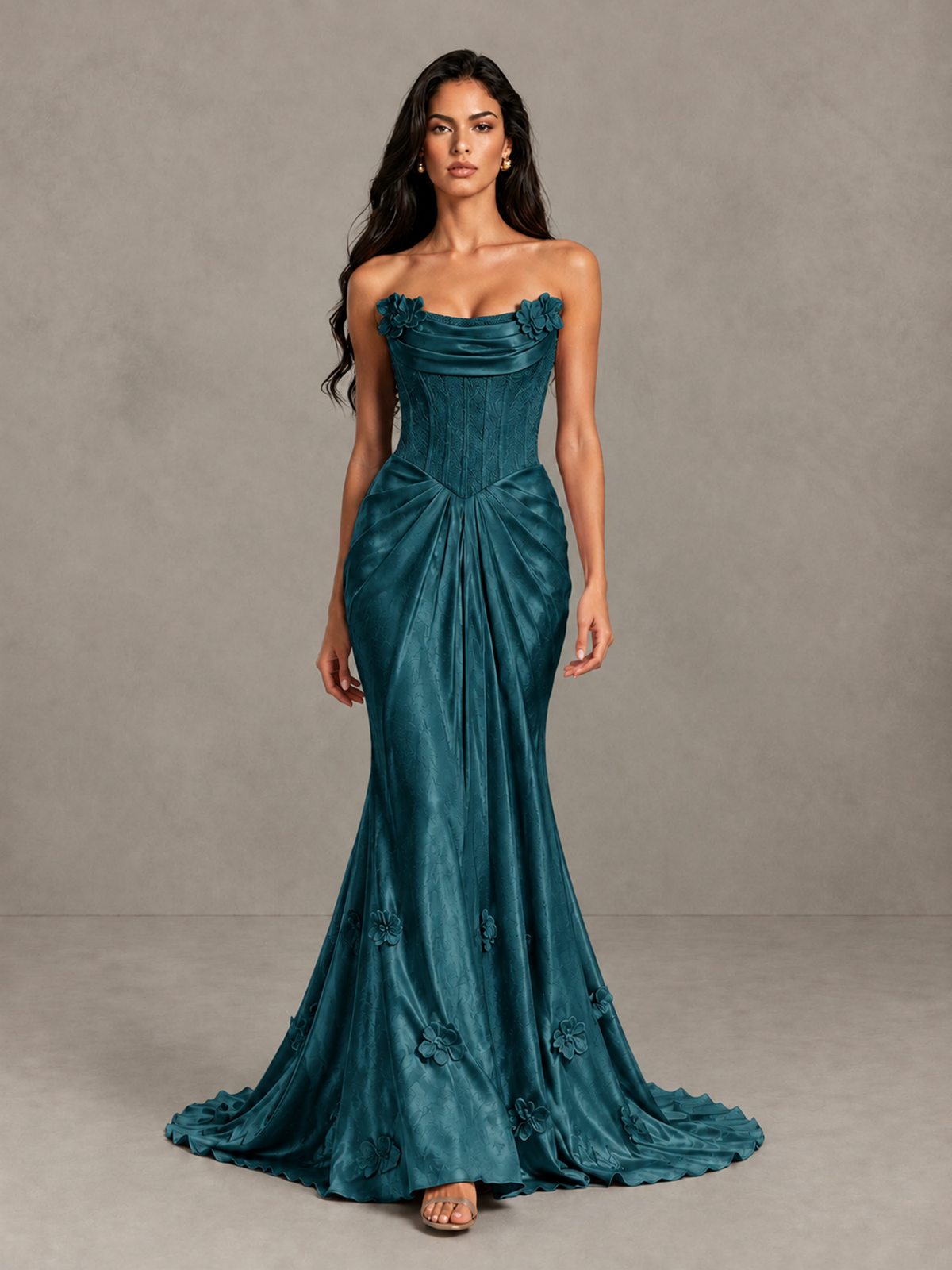 BOLODOO Teal Strapless Floral Corset Evening Gown with Train - Teal - Teal_1