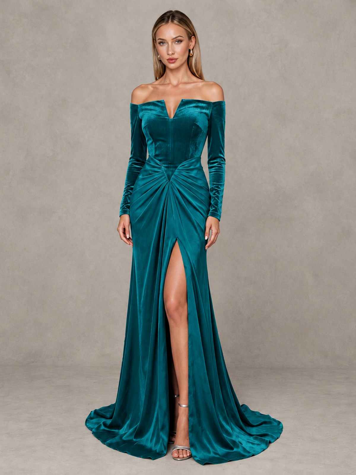 BOLODOO Teal Off-Shoulder Velvet Evening Gown with High Slit - Teal - Teal_1