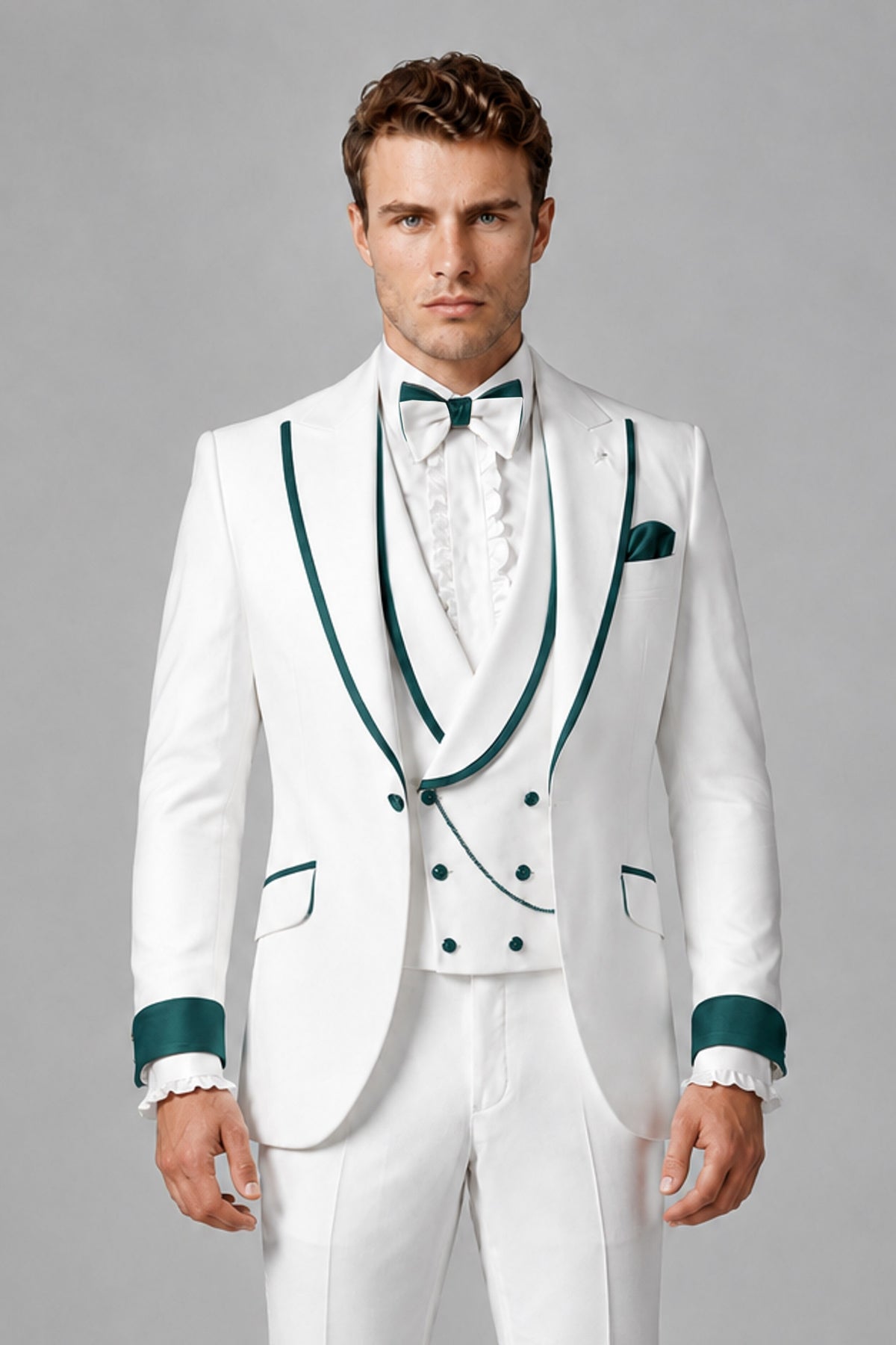 Bolodoo Men's White and Teal Three-Piece Wedding Tuxedo Suit - Teal - Teal_1