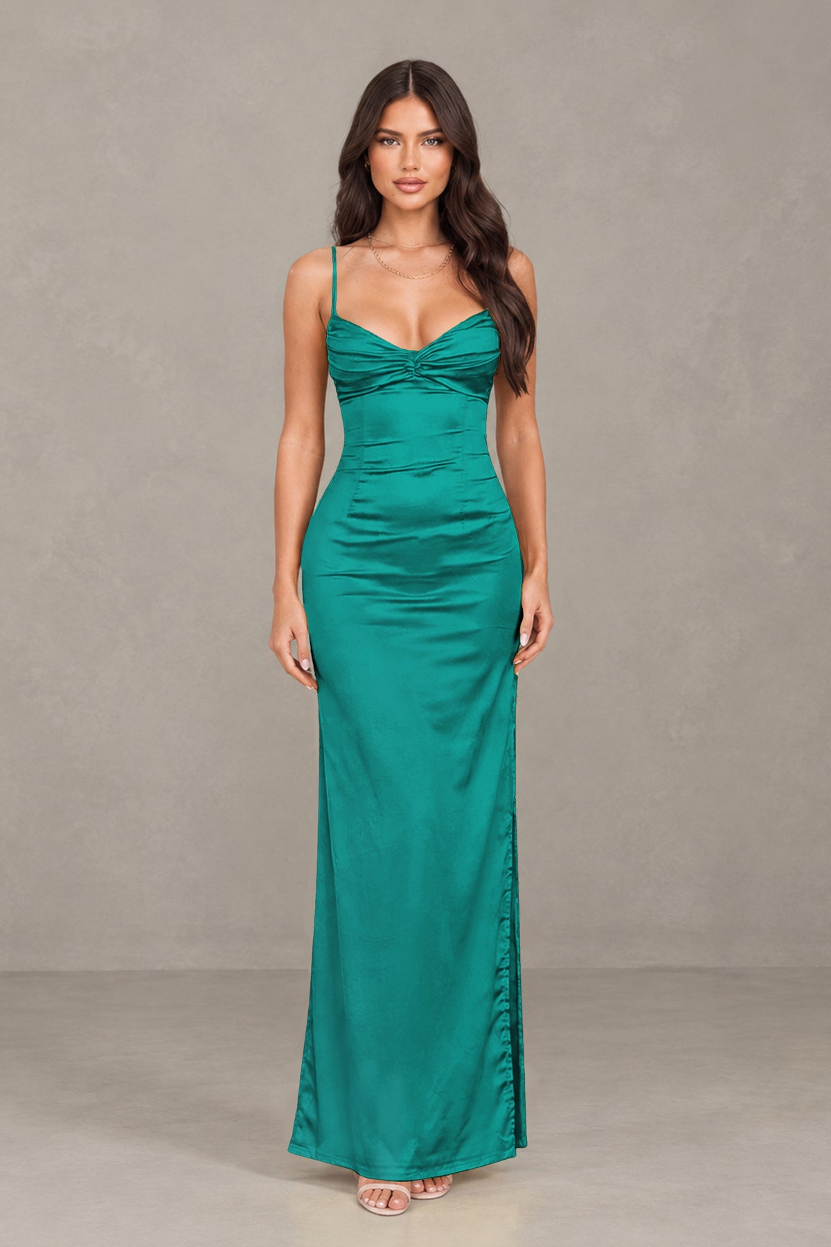 BOLODOO Teal Satin Cowl Neck Open Back Mermaid Maxi Dress with Side Slit - Teal
