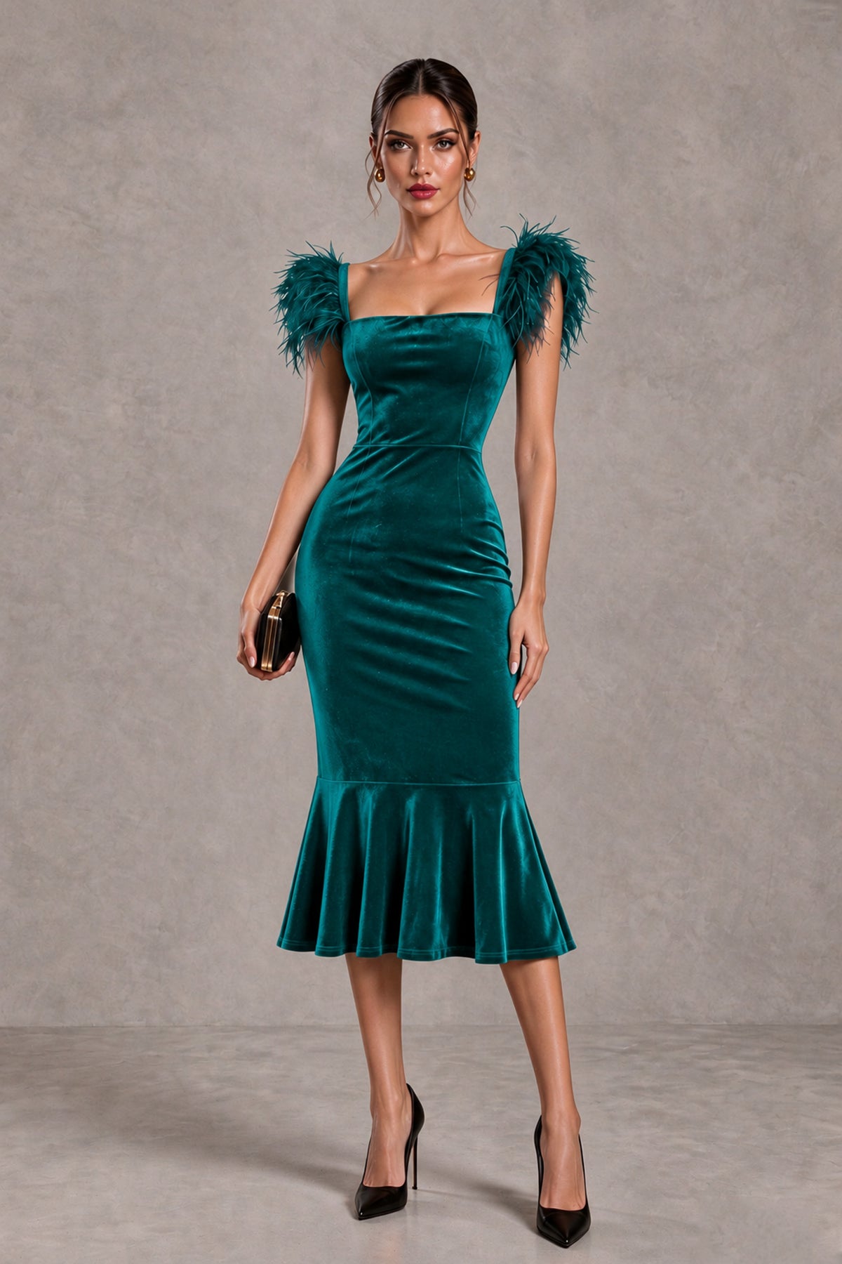 BOLODOO Teal Feather-Trim Velvet-Look Mermaid Midi Dress - Teal - Teal_1