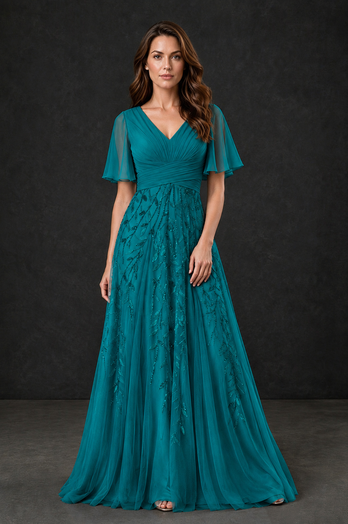 BOLODOO Teal V-Neck Flutter Sleeve Beaded Botanical Tulle A-Line Gown | Mother of the Bride Evening Dress - Teal - Teal_1