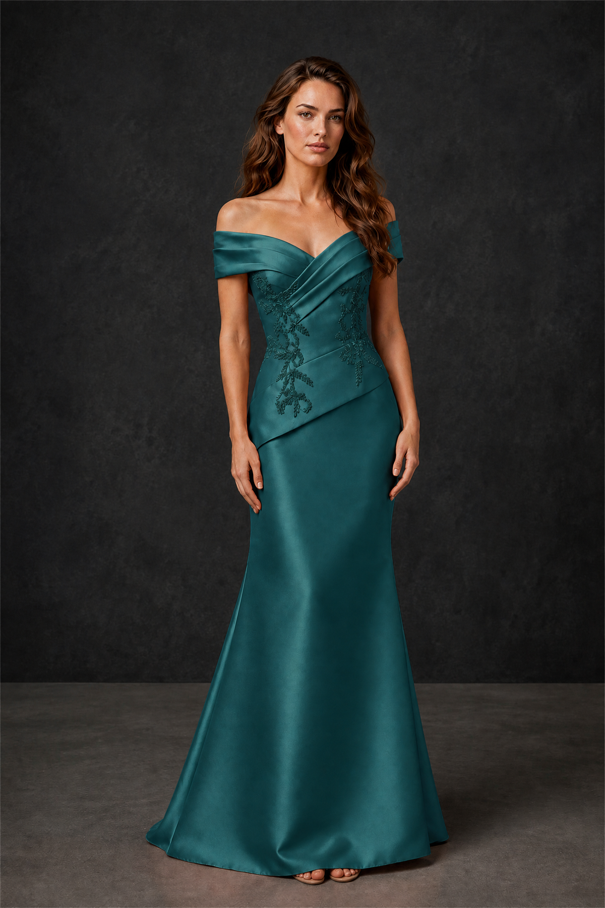BOLODOO Teal Satin Off-Shoulder Sweetheart Asymmetric Peplum Mermaid Gown with Teal Floral Embroidery | MOB Evening Dress - Teal