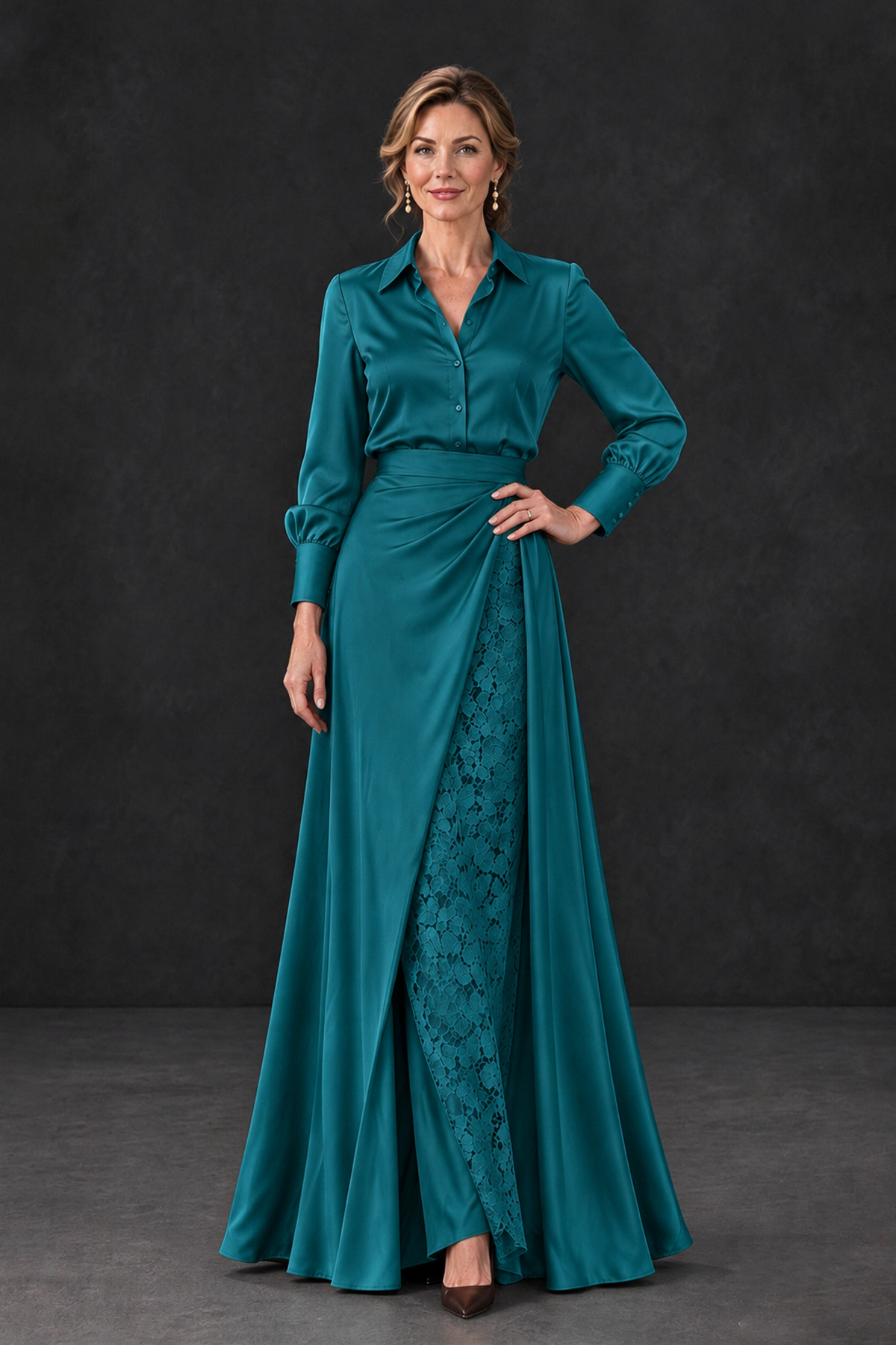 BOLODOO Teal Long Sleeve Satin-Look Lace Panel Gown - Teal - Teal_1