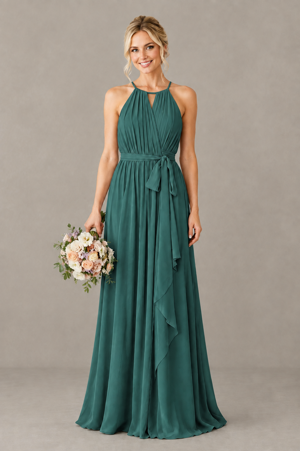 BOLODOO Teal Halter Chiffon Bridesmaid Dress with High Slit - Teal