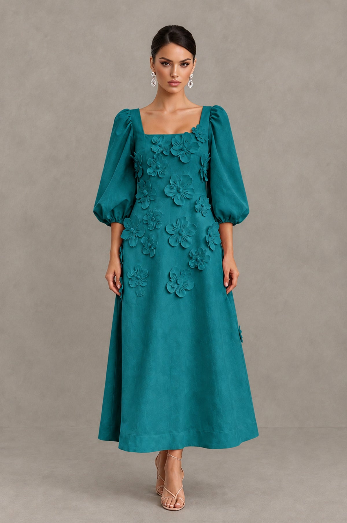 BOLODOO Teal 3D Floral Puff Sleeve Midi Cocktail Dress - Teal - Teal_1