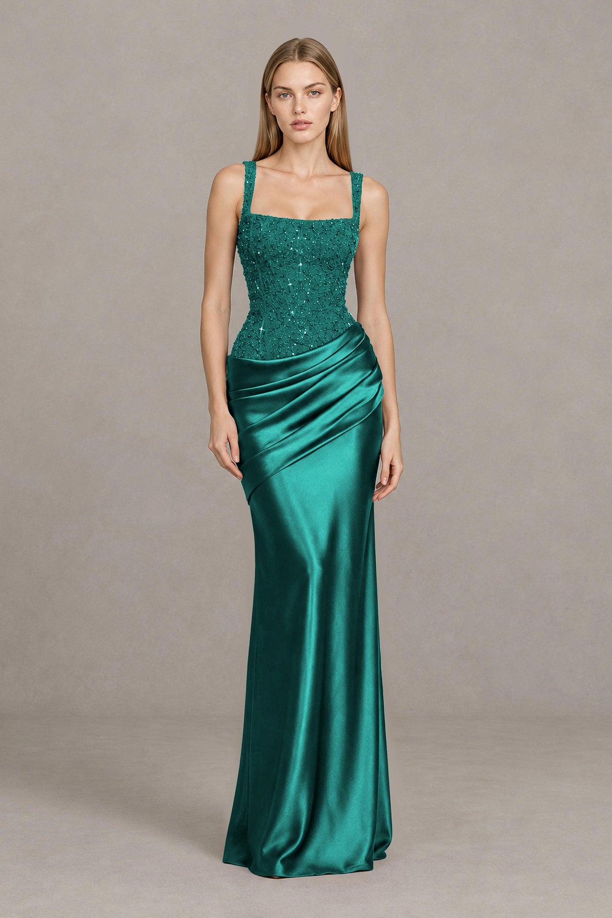 BOLODOO Teal Square Neck Embellished Satin Evening Gown - Teal