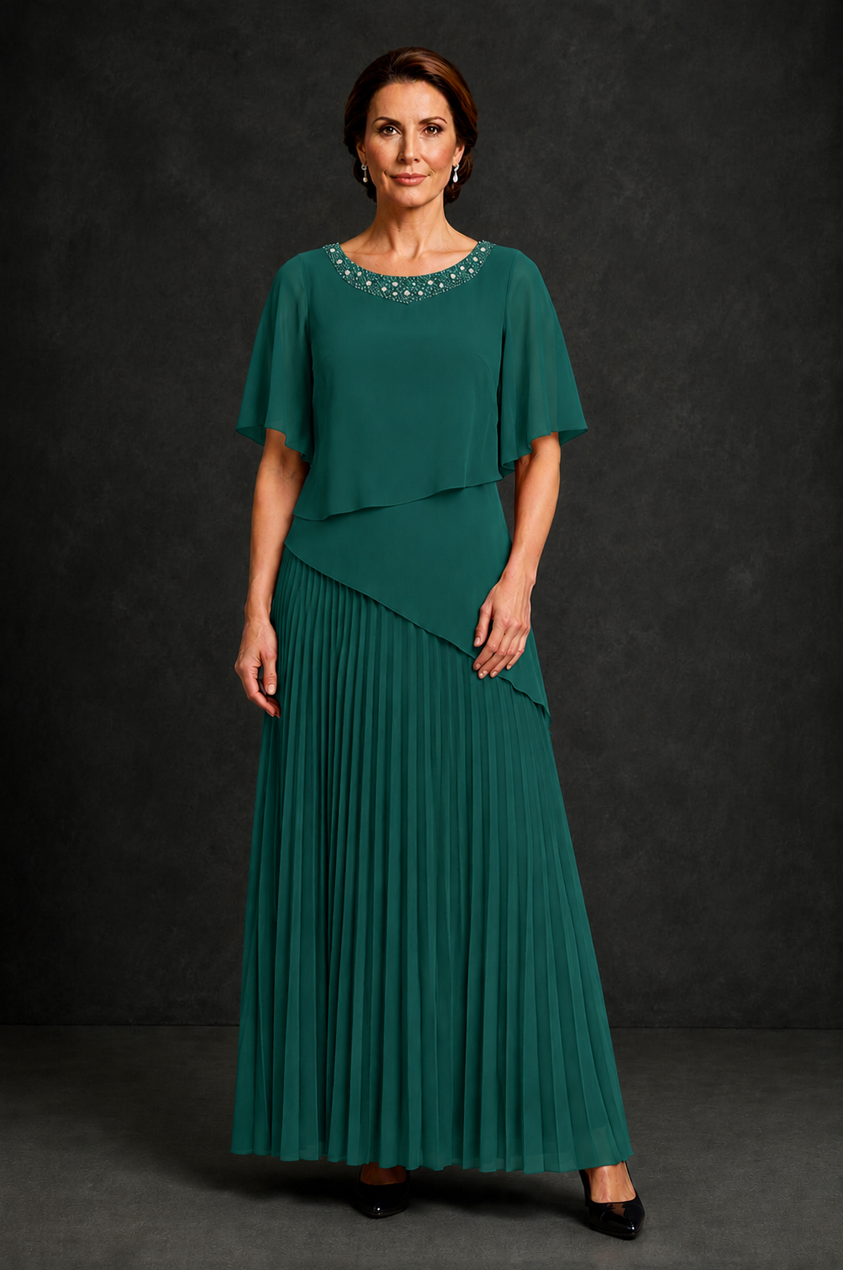 BOLODOO Teal Pearl Beaded Neck Asymmetric Tiered Flutter Sleeve Pleated Chiffon Maxi Dress - Teal - Teal_1
