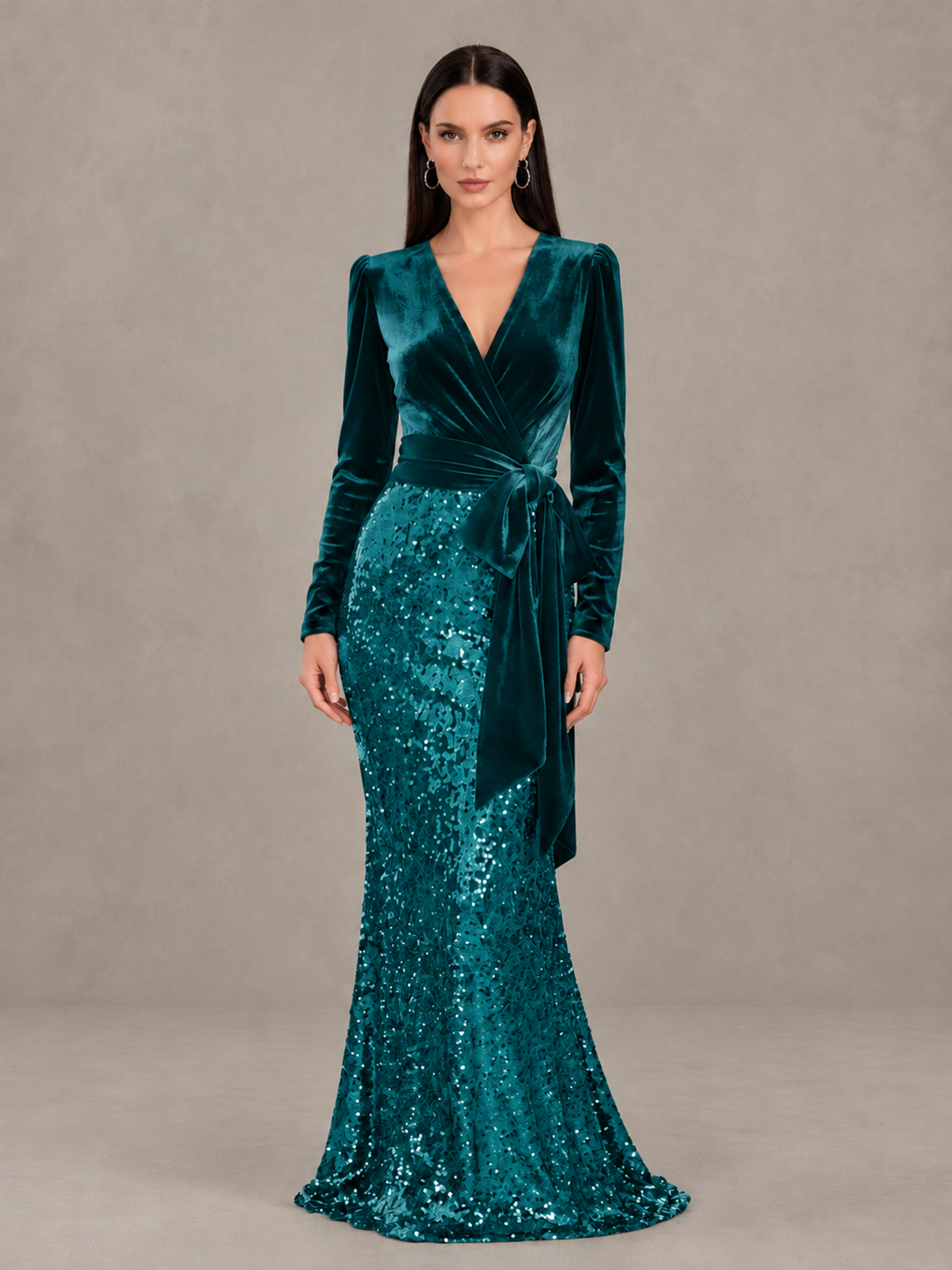 BOLODOO Teal Velvet & Sequin Long Sleeve V-Neck Mermaid Evening Gown - Teal - Teal_1