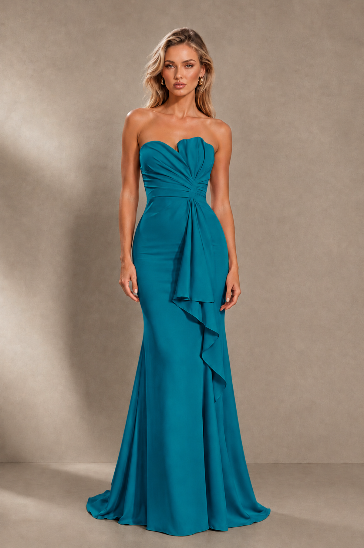 BOLODOO Teal Strapless Sweetheart Ruched Mermaid Gown | Cascade Drape Formal Evening Dress - Teal - Teal_1