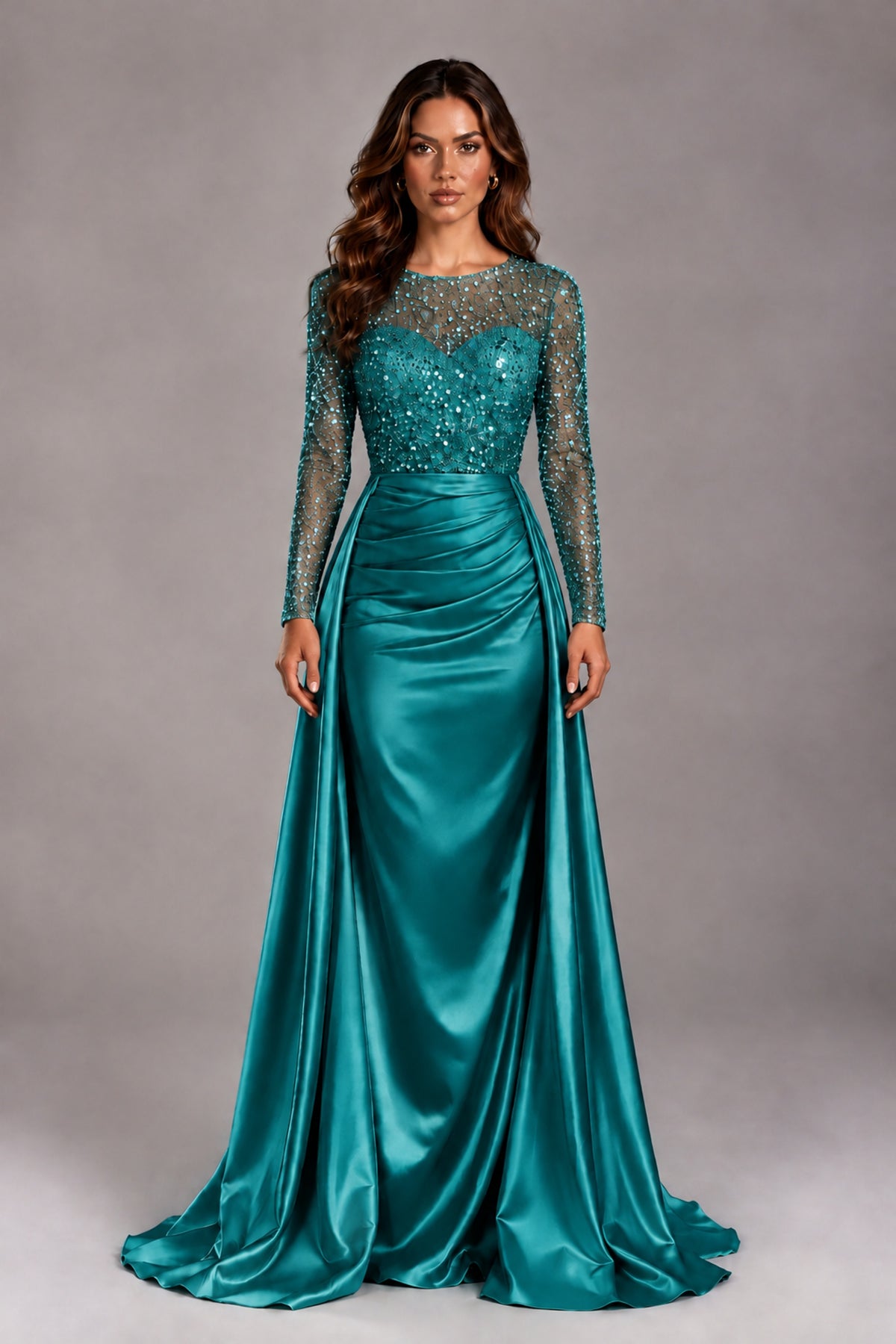 BOLODOO Teal Long Sleeve Embellished Satin Evening Gown with Sweep Train - Teal - Teal_1