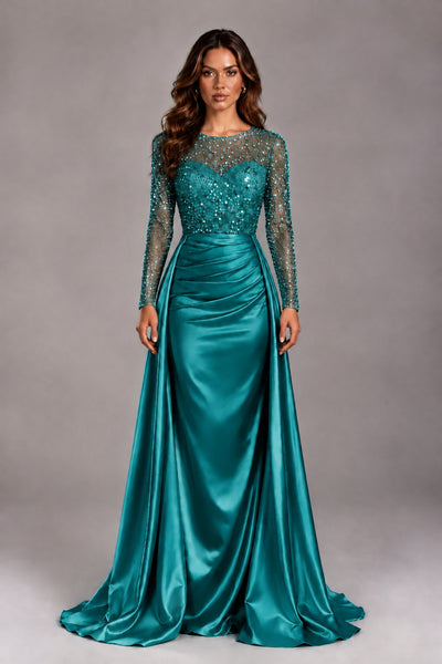 BOLODOO Teal Long Sleeve Embellished Satin Evening Gown with Sweep Train - Teal - Teal_1