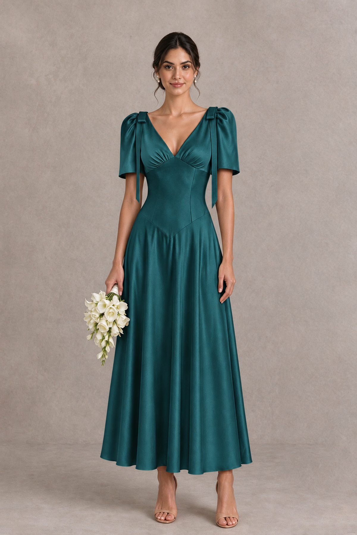BOLODOO Teal V-Neck Short Sleeve Satin-Look Bridesmaid Dress with Shoulder Bows - Teal - Teal_1