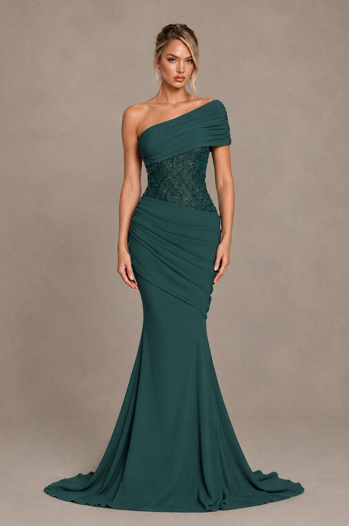 BOLODOO Teal One-Shoulder Sequin Embroidered Ruched Mermaid Gown with Train - Teal - Teal_1