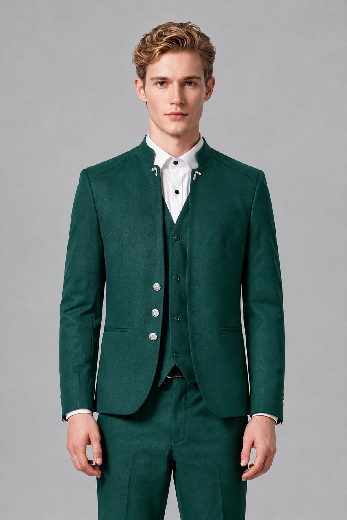 Bolodoo Men's Teal Mandarin Collar 3-Piece Suit – Jacket, Vest & Trousers - Teal - Teal_1
