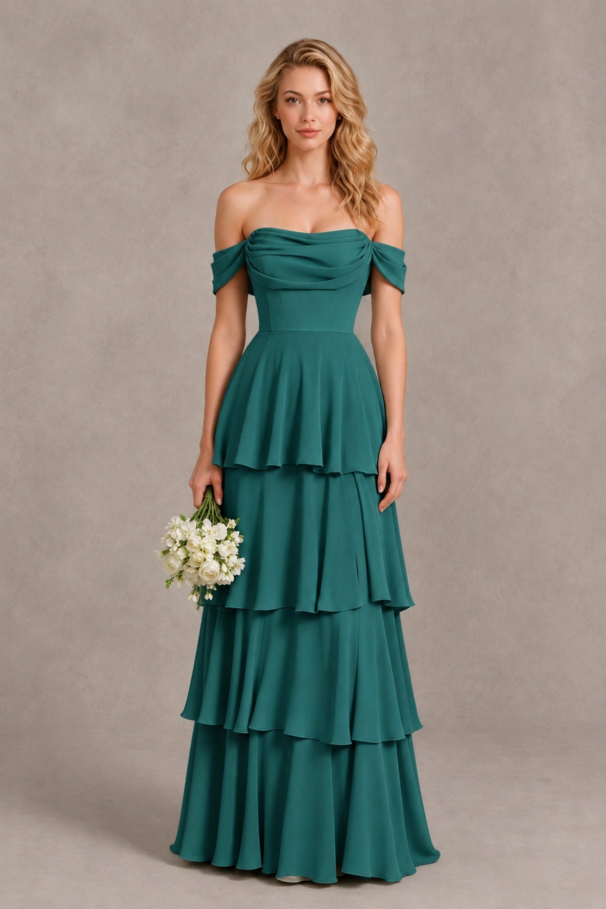 BOLODOO Teal Off-the-Shoulder Tiered A-Line Evening Bridesmaid Dress - Teal - Teal_1