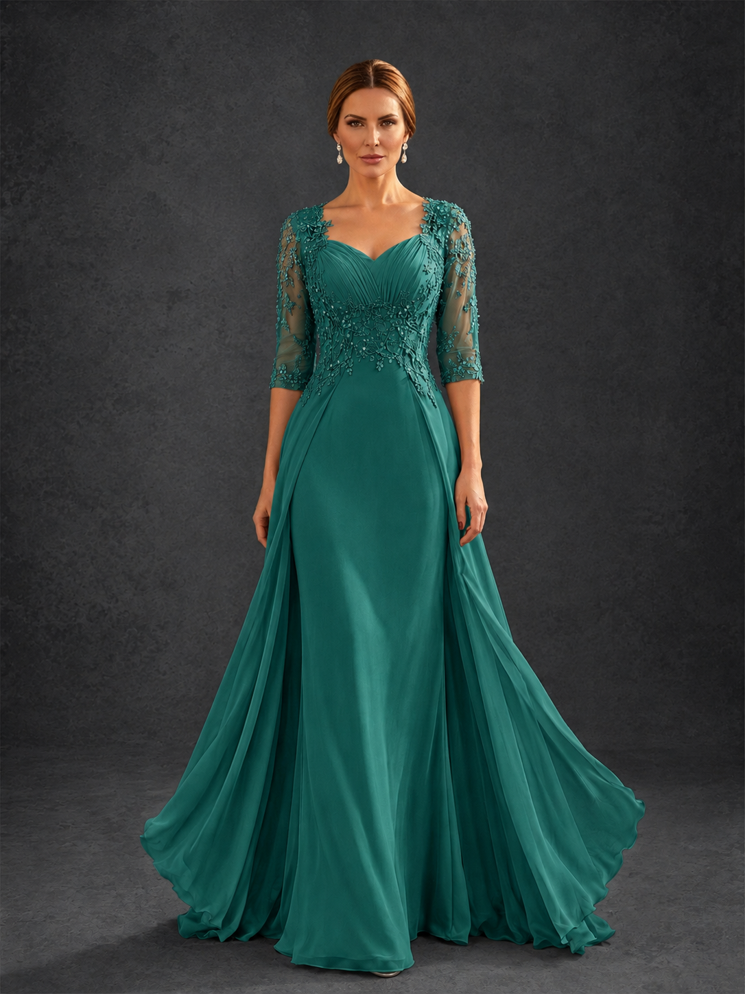 BOLODOO Teal Sweetheart Neck 3/4 Sleeve Floral Lace Illusion Bodice Chiffon A-Line Gown - Teal