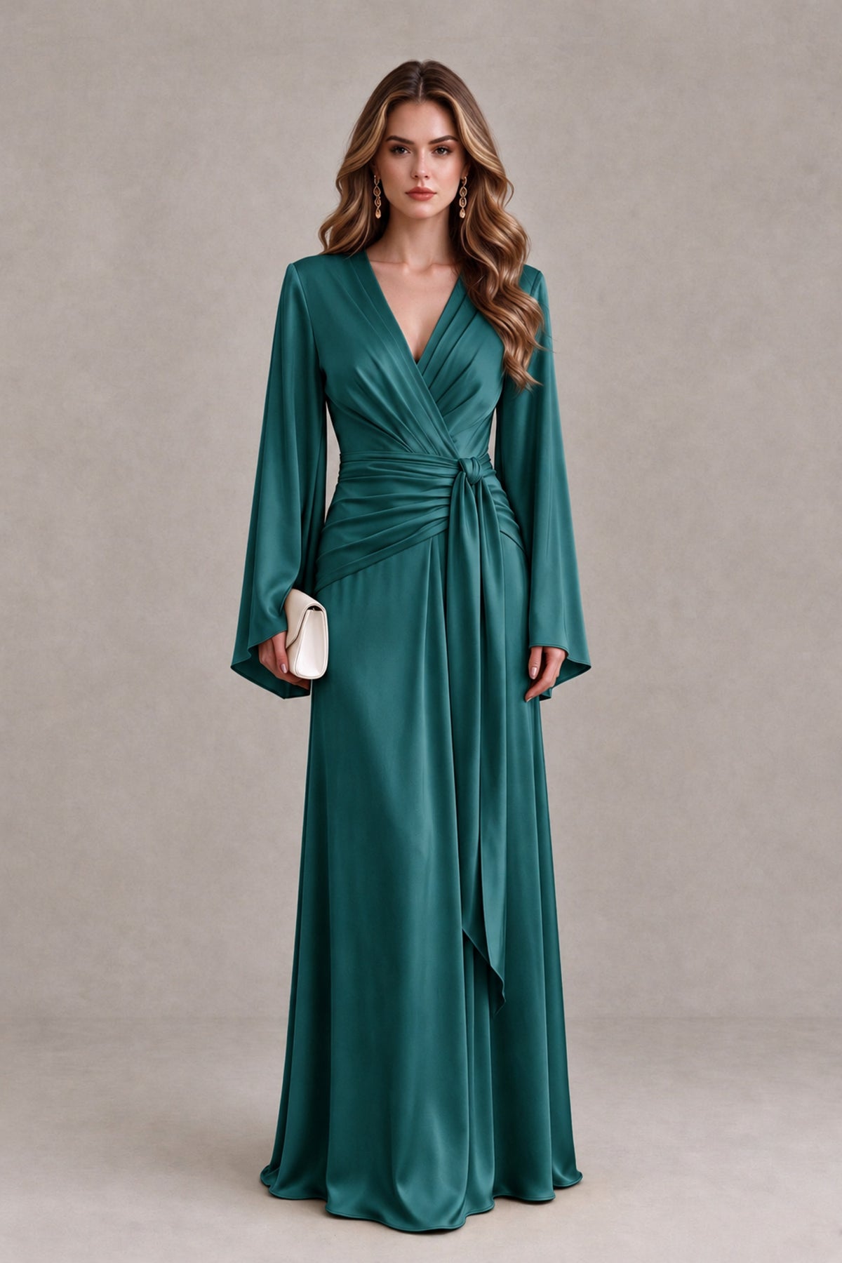 BOLODOO Teal Yellow Satin-Look V-Neck Long Bell Sleeve Evening Dress - Teal - Teal_1