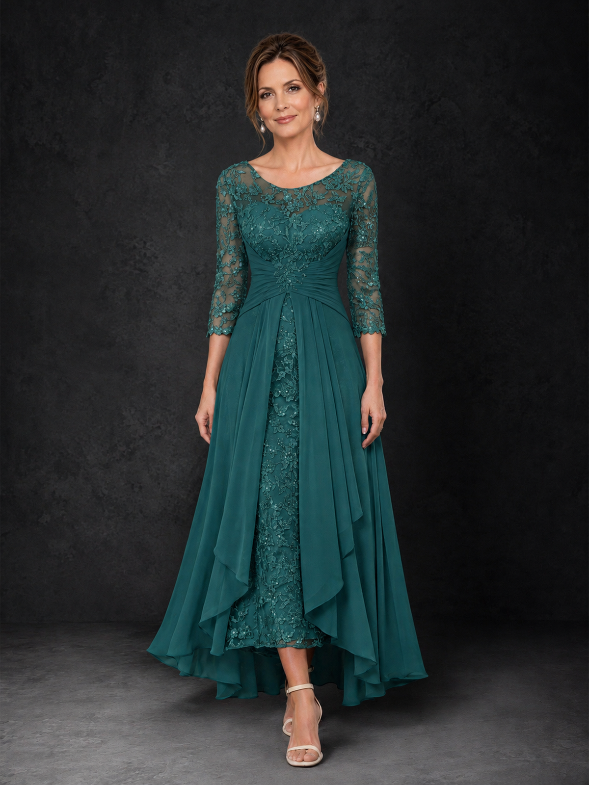 BOLODOO Teal Sequin Lace & Chiffon Tea-Length Mother of the Bride Dress with 3/4 Sleeves - Teal