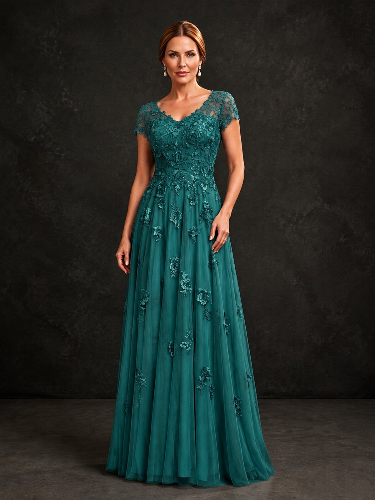 BOLODOO Teal Cap Sleeve Lace Appliqué A-Line Formal Gown | Mother of the Bride Dress - Teal - Teal_1