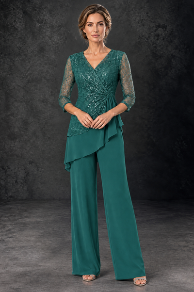 BOLODOO Teal Sequin Lace 3/4 Sleeve Chiffon Mother of the Bride Pant Suit - Teal - Teal_1