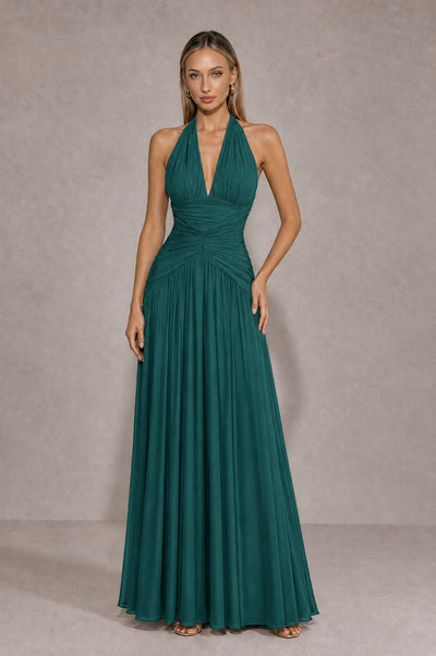 BOLODOO Teal Chiffon Halter Deep V-Neck Ruched A-Line Backless Maxi Dress with Train-BD0167 - Teal - Teal_1