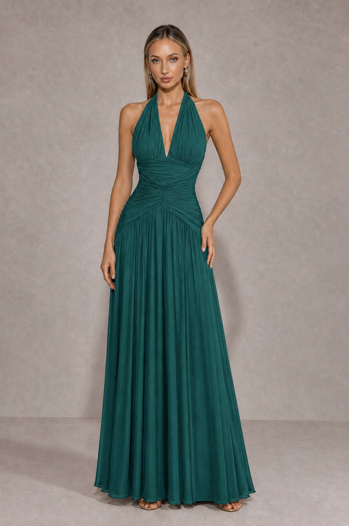 BOLODOO Teal Chiffon Halter Deep V-Neck Ruched A-Line Backless Maxi Dress with Train-BD0167 - Teal - Teal_1