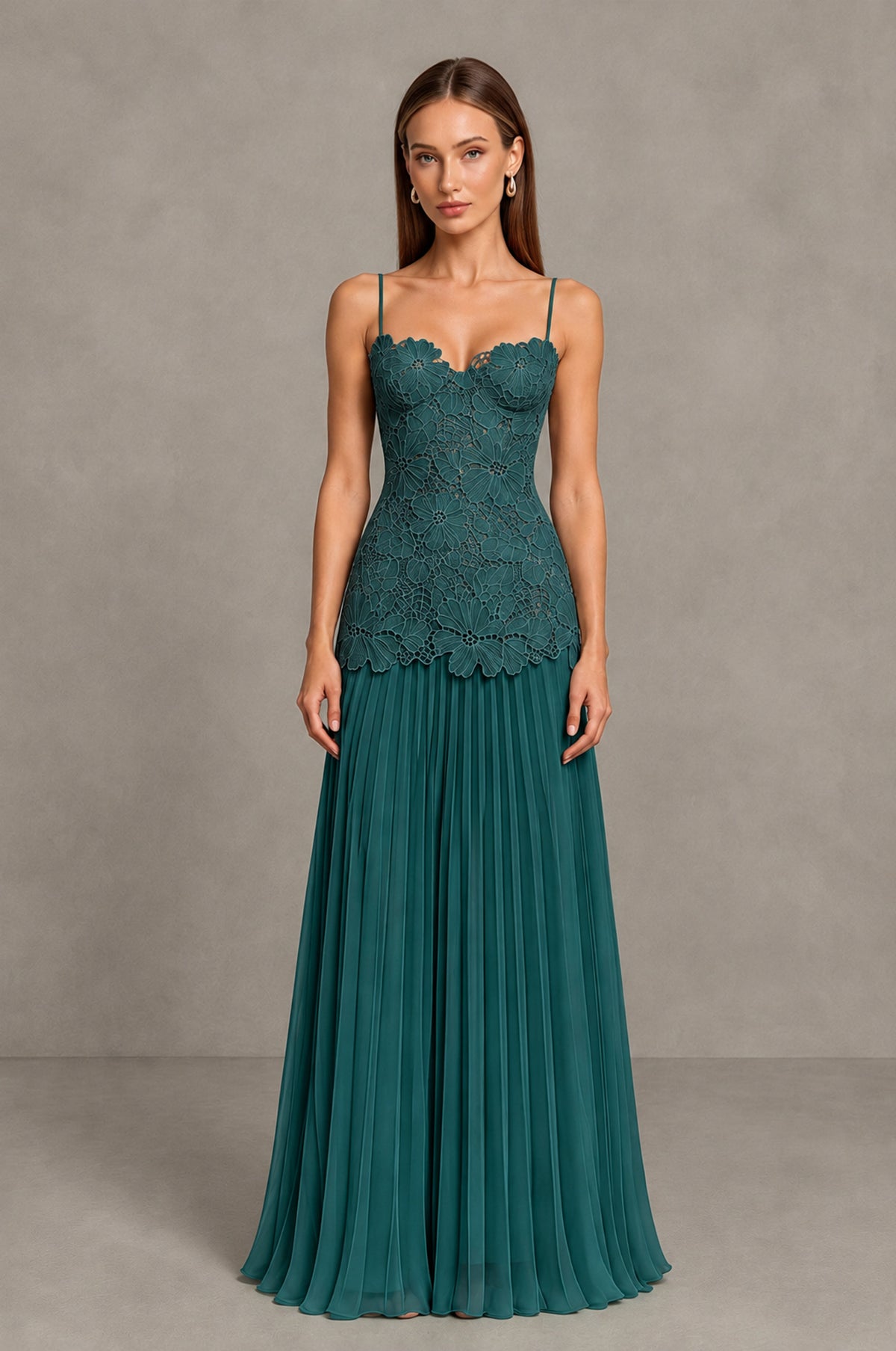 BOLODOO Teal Lace Bodice Pleated Wedding Guest Dress - Teal - Teal_1