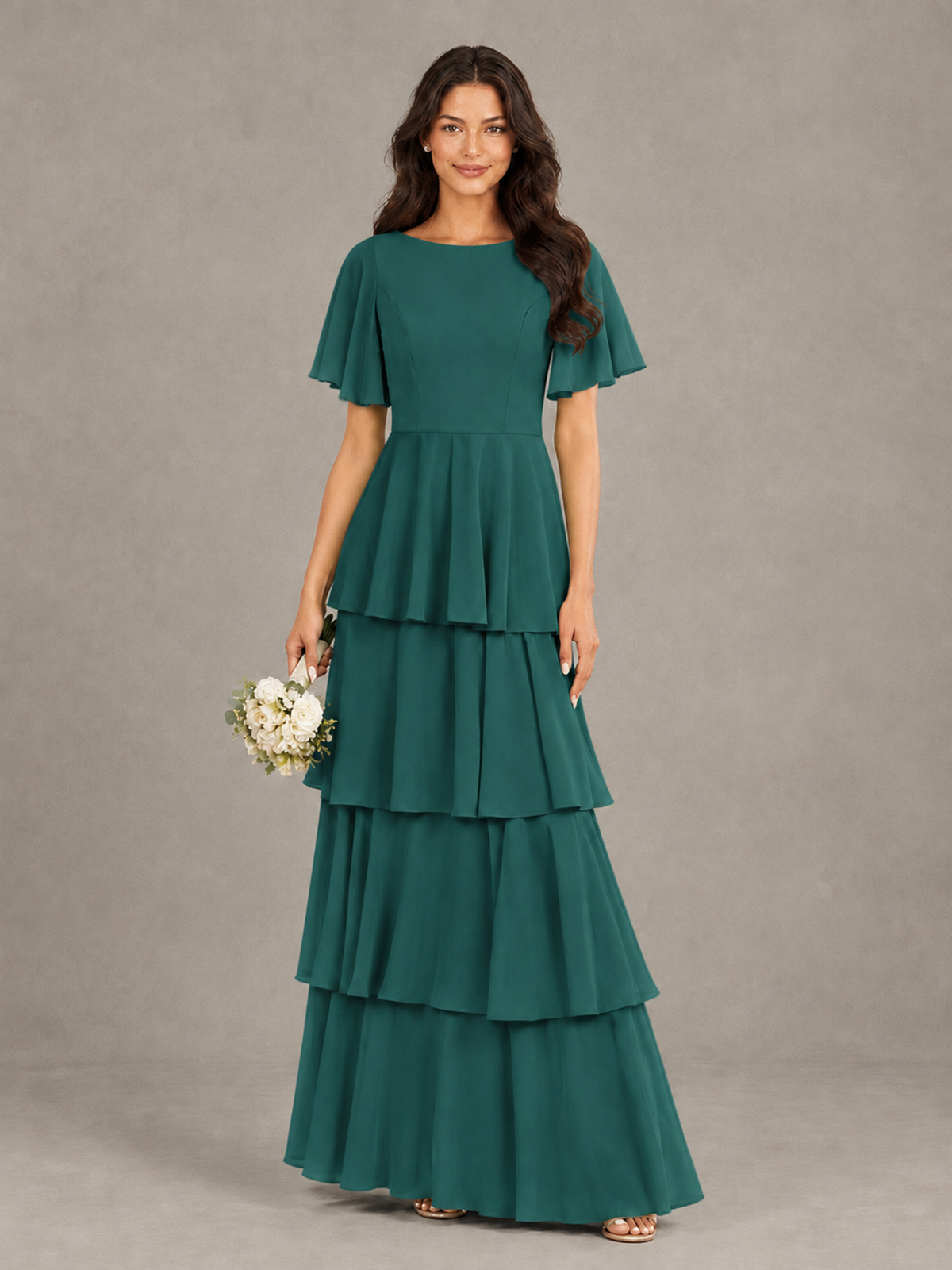 BOLODOO Teal Tiered Flutter Sleeve Bridesmaid Dress - Teal - Teal_1