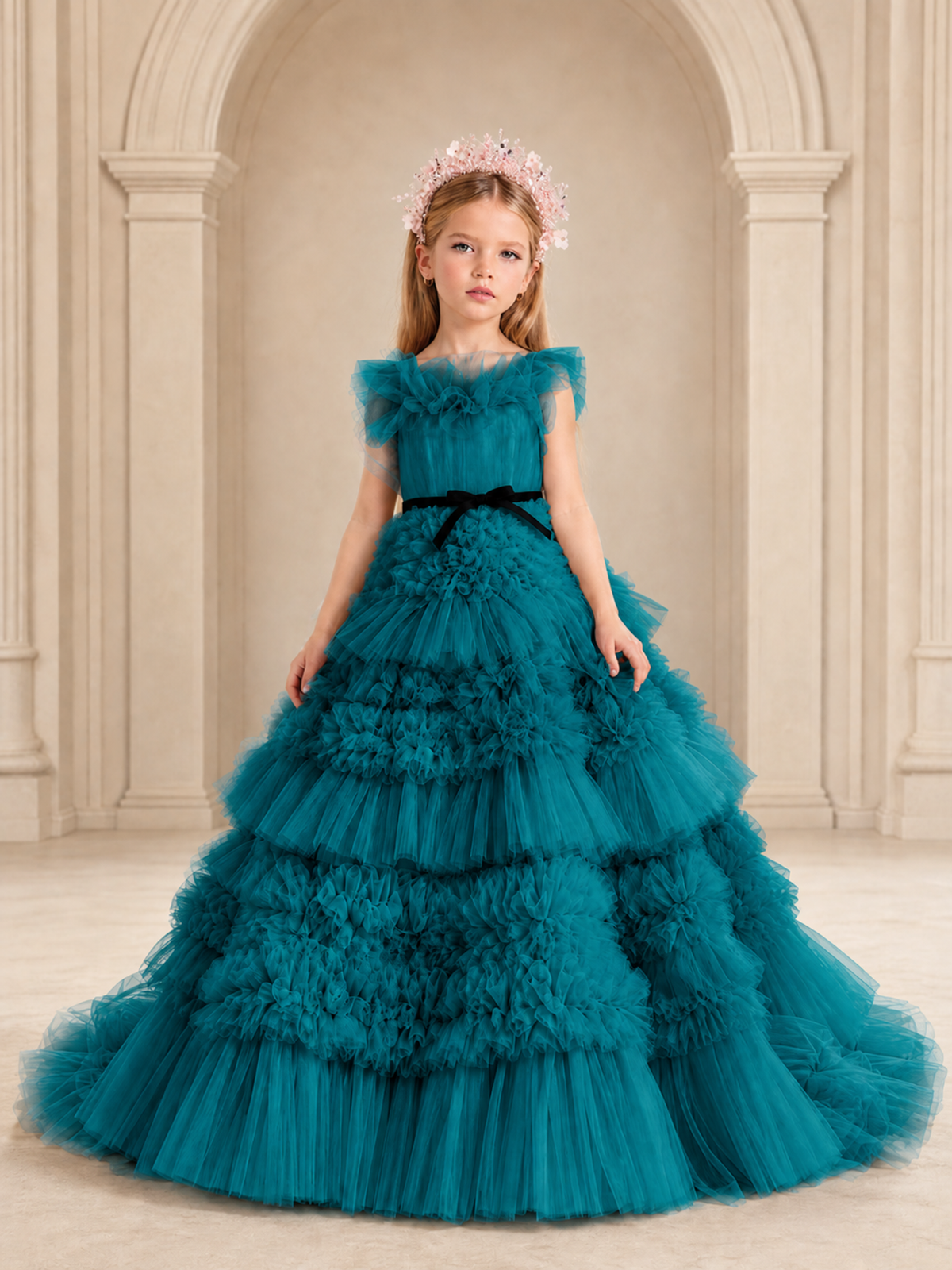 BOLODOO Teal Tiered Tulle Flower Girl Dress with Floral Appliques - Teal - Teal_1