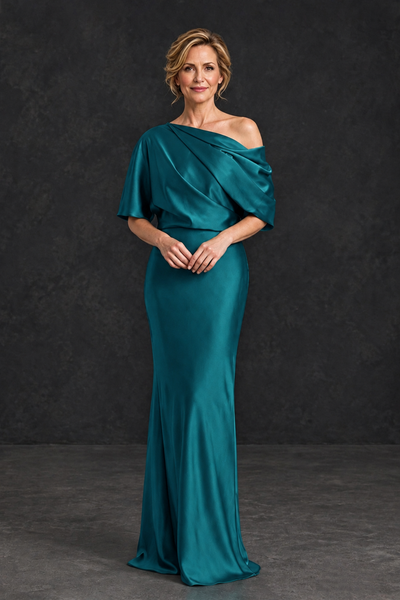 BOLODOO Teal Satin Asymmetric Mother of the Bride Dress - Teal - Teal_1