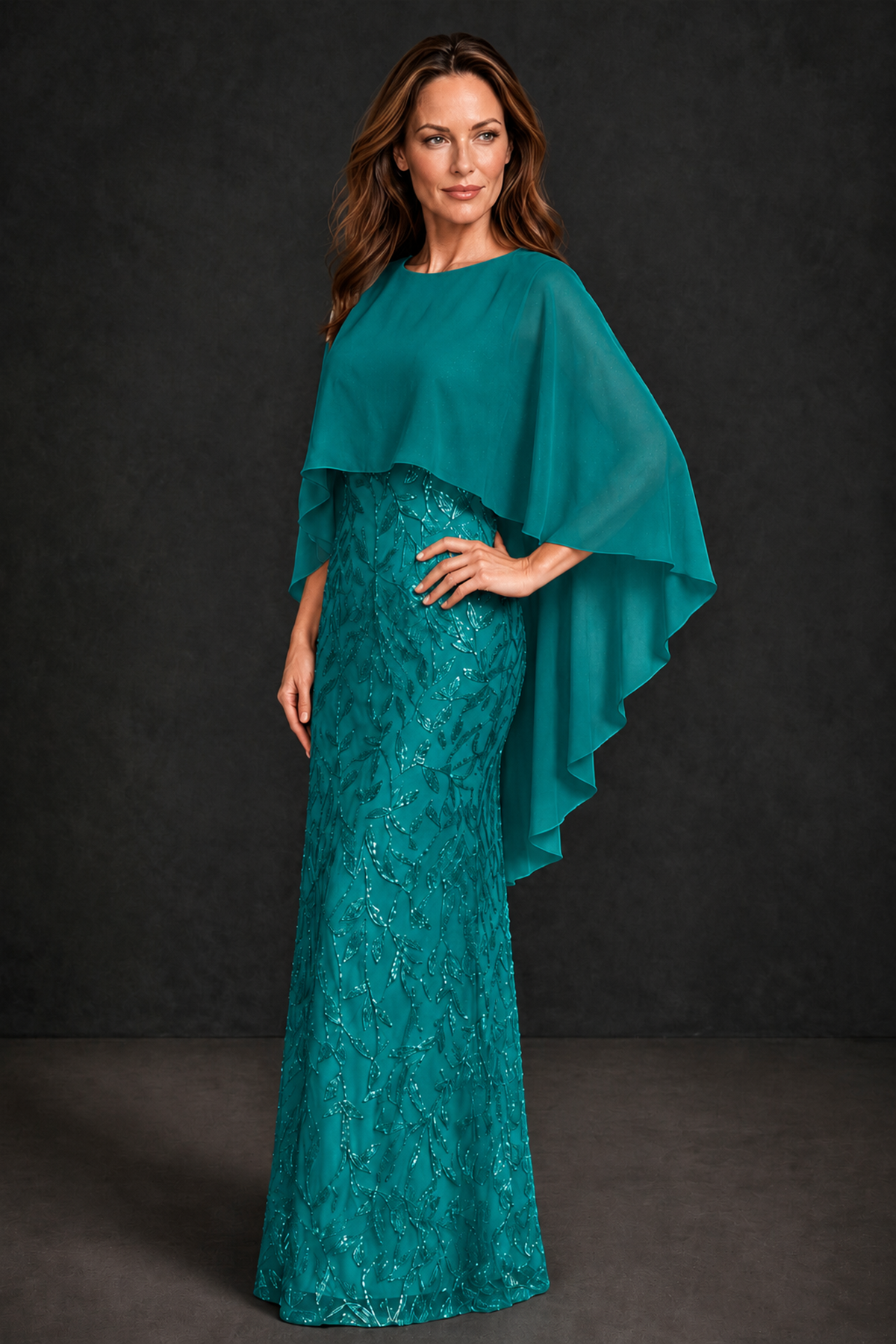 BOLODOO Teal Round Neck Chiffon Cape Overlay Sequin Lace Mermaid Maxi Dress - Teal - Teal_1