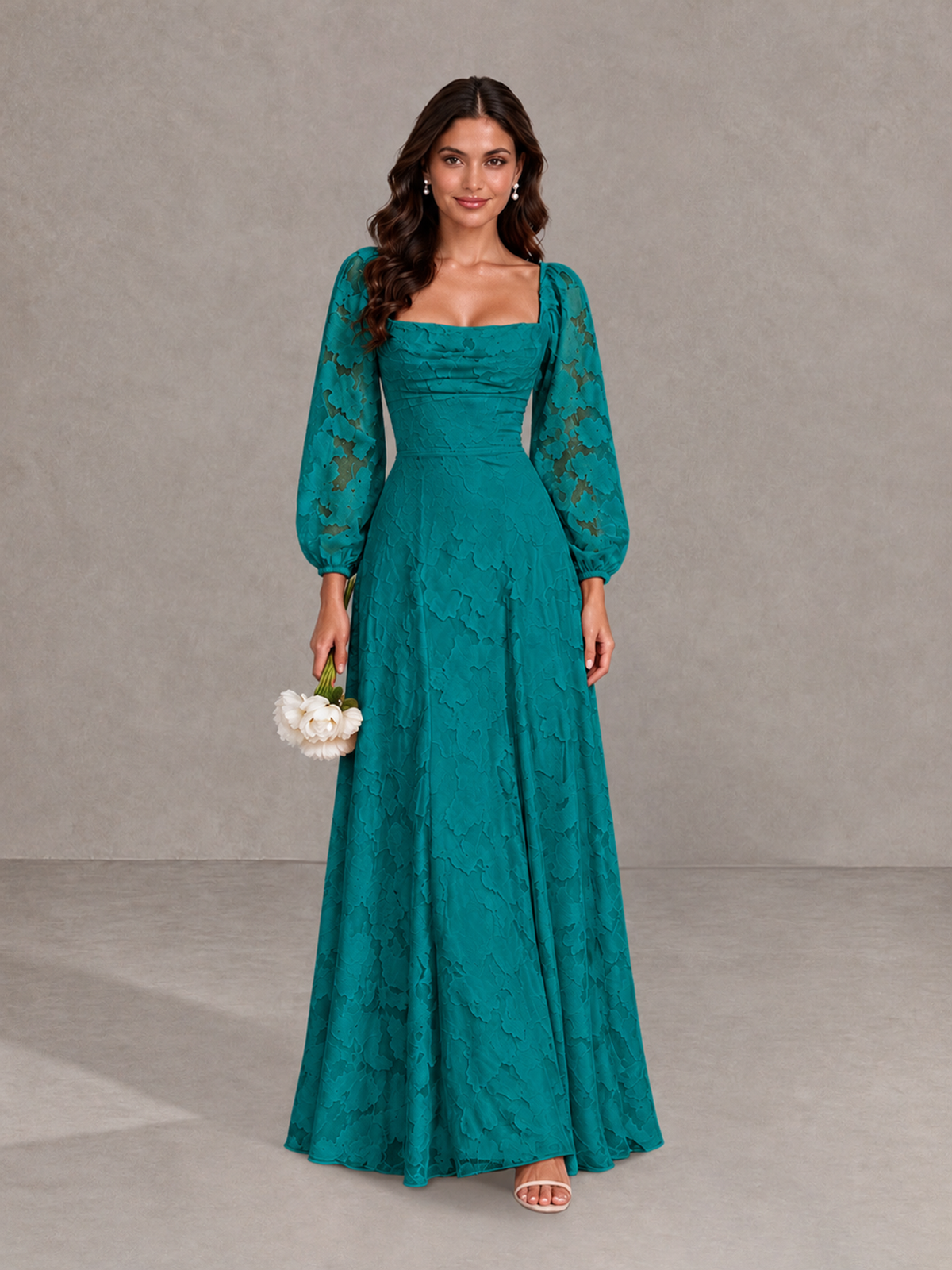 BOLODOO Teal Floral Long Sleeve A-Line Bridesmaid Dress - Teal - Teal_1