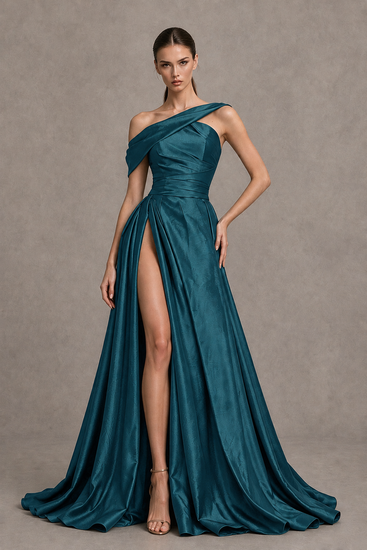 BOLODOO Teal Asymmetric Satin-Look A-Line Prom Dress with High Slit - Teal - Teal_1