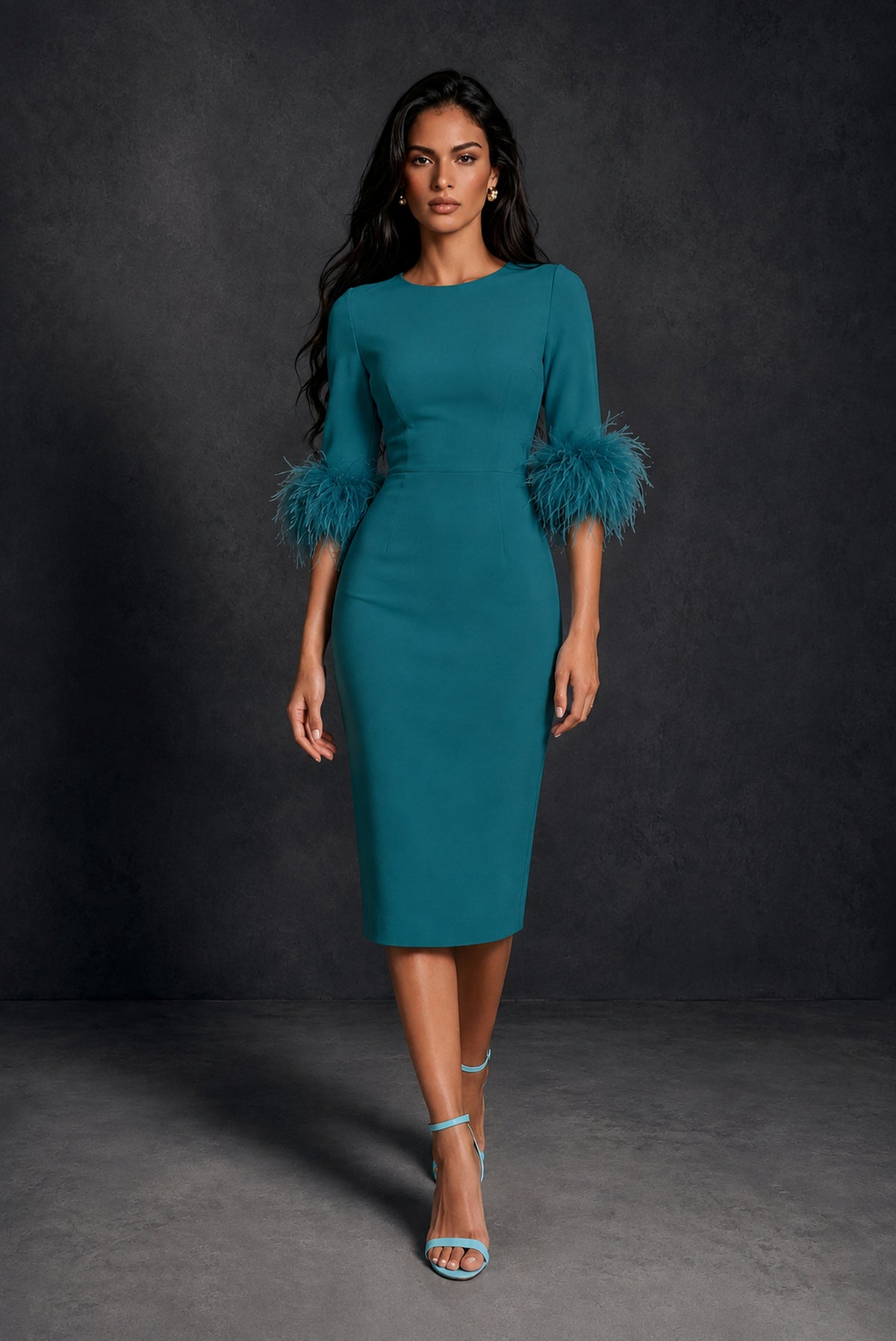 BOLODOO Teal Ostrich Feather Cuff 3/4 Sleeve Round Neck Bodycon Midi Dress with Back Slit - Teal