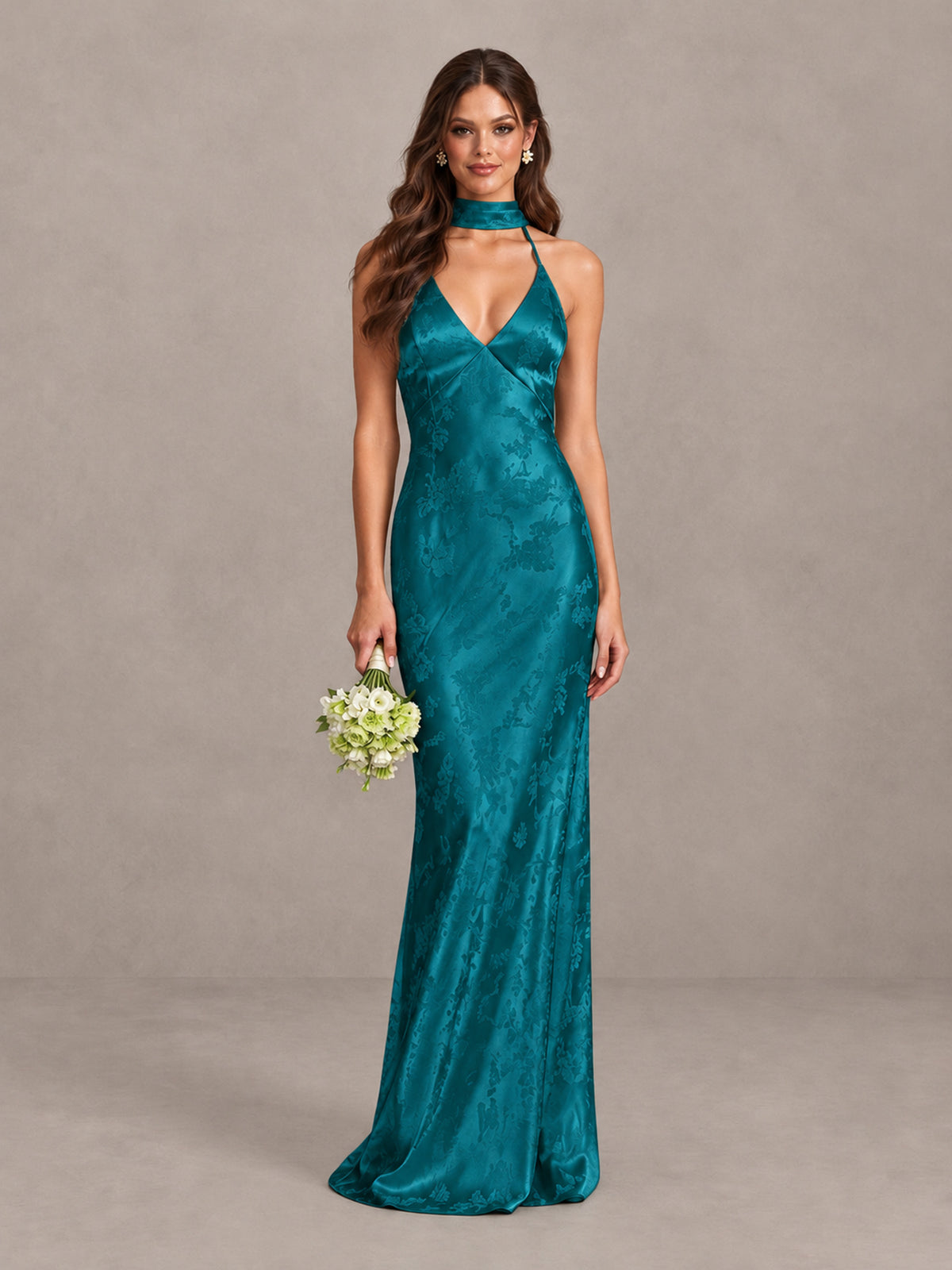 BOLODOO Teal Floral Satin Open-Back Bridesmaid Dress - Teal - Teal_1