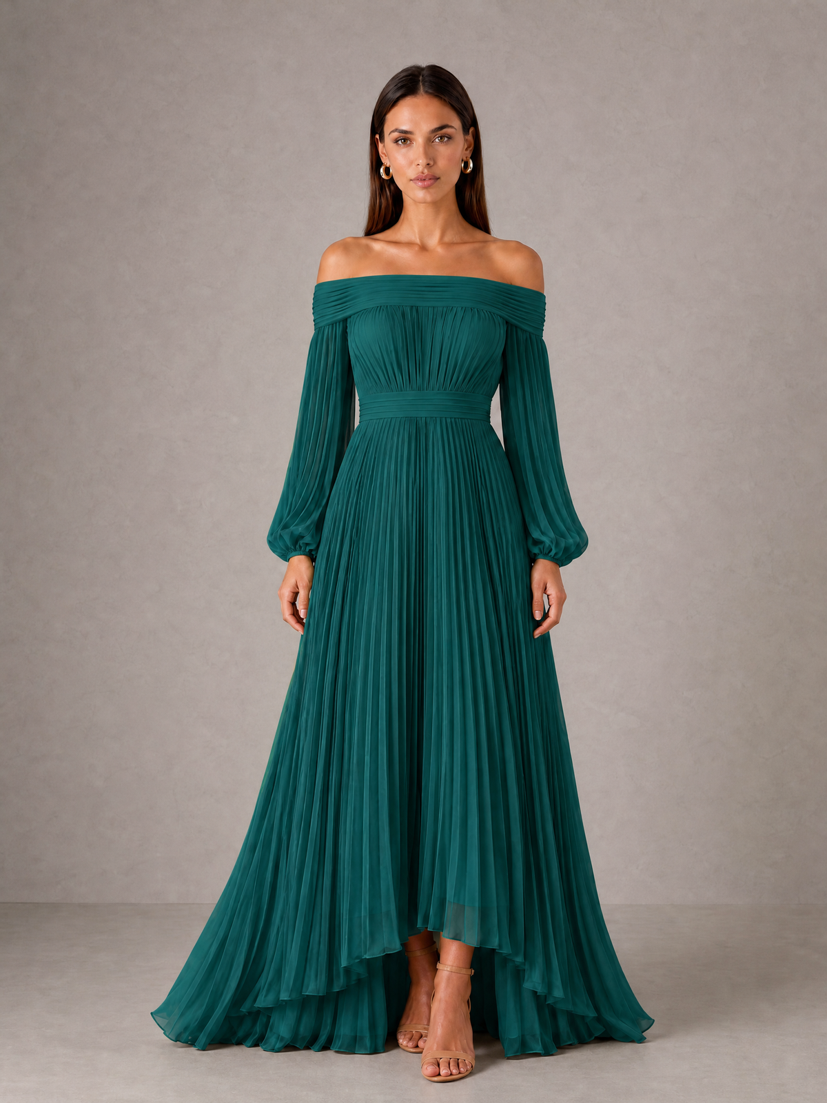 BOLODOO Teal Off-Shoulder Long Sleeve Pleated High-Low Dress - Teal - Teal_1
