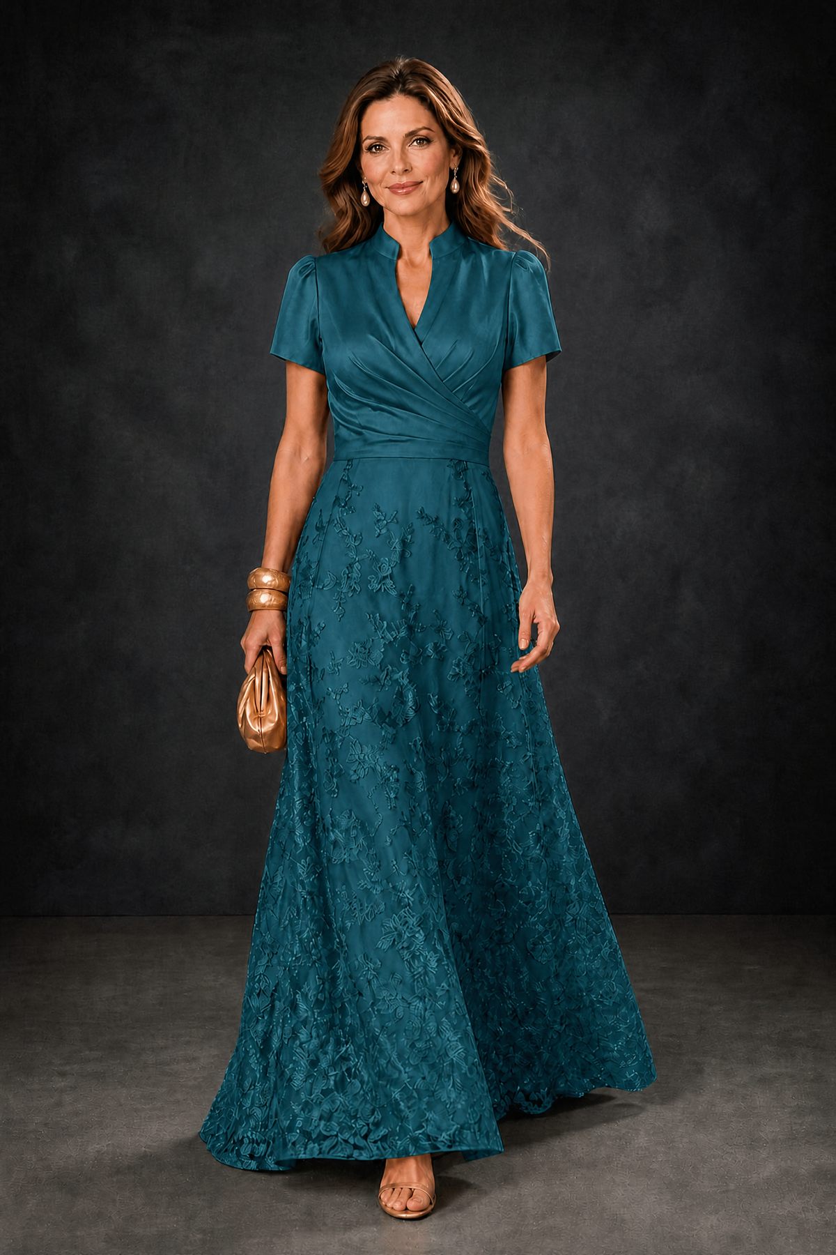 BOLODOO Teal Satin Wrap V-Neck Short Sleeve Lace Glitter A-Line Floor Length Evening Gown – Formal Dress - Teal